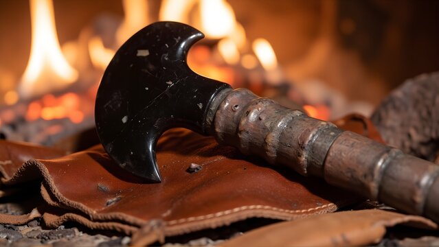 Primitive obsidian hand axe with wooden handle resting on rough leather by a fire