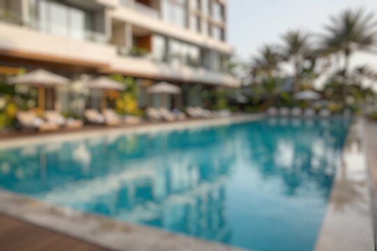 Blurred apartment exterior with swimming pool and modern residential building.