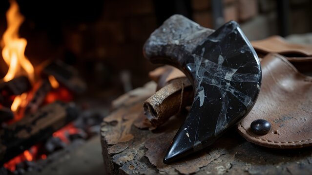 Prehistoric polished obsidian stone axe on raw leather near a warm fire