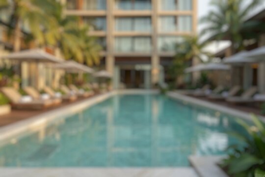 Blur image of a luxury apartment complex featuring an outdoor swimming pool and contemporary architecture.