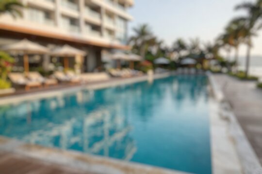 Blurred apartment exterior with swimming pool and modern residential building.
