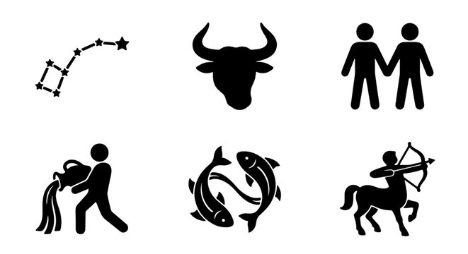 Zodiac Constellations and Symbols, Astrology Icons Set, Celestial Signs Vector Graphics, Horoscope Symbols Collection
