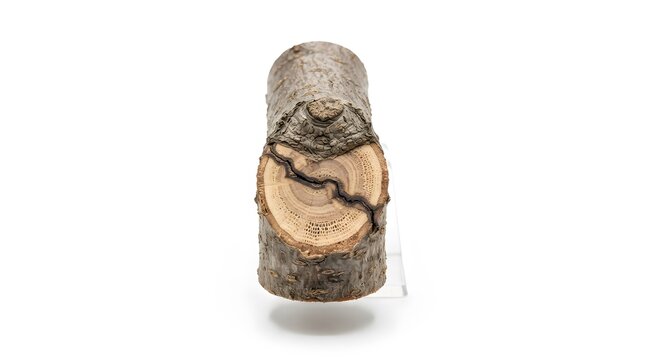 Cross section of a tree log showing internal wood rings and a dark crack in the center
