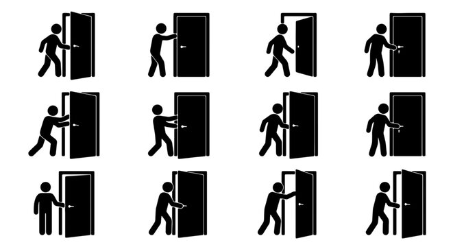 Human Figures Opening and Closing Doors, Action Sequence Vector Icons, Entrance and Exit Concepts, Simple Silhouette Graphics