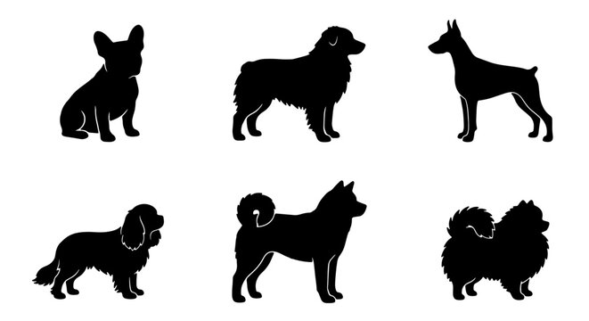 Six Dog Breed Silhouettes, Vector Icons Set: French Bulldog, Australian Shepherd, Doberman, Cocker Spaniel, Akita, Pomeranian, Pet Graphics