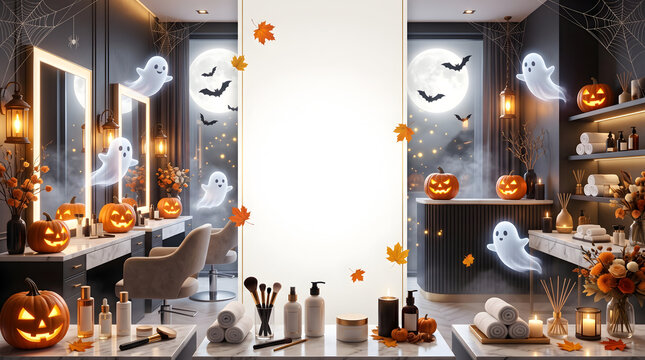 Halloween beauty salon and spa promotion background with Glowing jack O Lattern pumpkins, friendly ghosts with copy space, ideal for seasonal advertising, halloween 