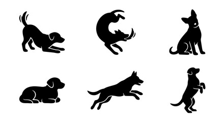 Obraz premium Dog Silhouette Icons, Canine Poses Vector Set, Playful Animal Graphics, Pet Breed Illustrations, Black and White Graphic Resources