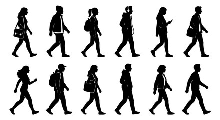 Fototapeta premium Diverse Human Silhouettes Collection, Walking Figures Vector Pack, Casual People Icons Set, Modern Lifestyle Graphic Elements