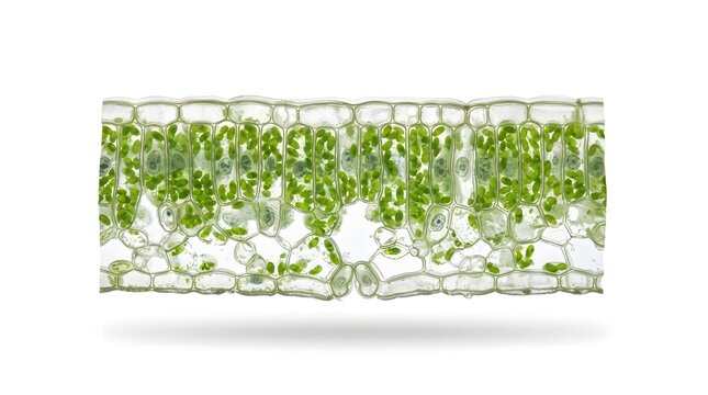 Detailed microscopic of plant leaf tissue featuring cellular layers and green chloroplasts