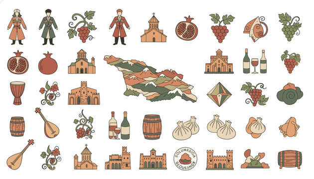 Collection of traditional georgian cultural icons featuring wine bottles, churches, dumplings, and map of georgia.