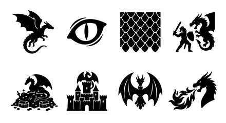 Fantasy Dragon Icons Set, Mythical Creature Symbols, Medieval Castle, Knight vs Dragon, Treasure Hoard, Scaly Texture, Black Silhouette Vector Graphics for Game Design and Storytelling © rafsan