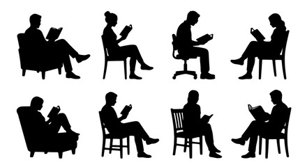 Diverse Silhouettes of People Reading Books in Chairs, Vector Collection for Education, Leisure, and Lifestyle Concepts