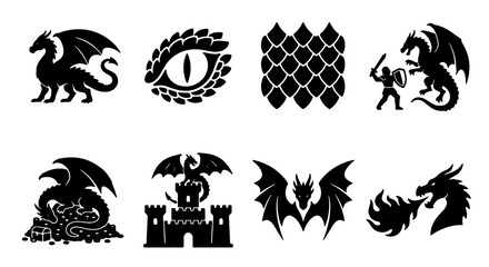 Fantasy Dragon Icons Set, Mythical Creature Silhouettes, Medieval Castle & Knight Graphics, Fire Breathing Beasts, Scaly Texture Elements © rafsan