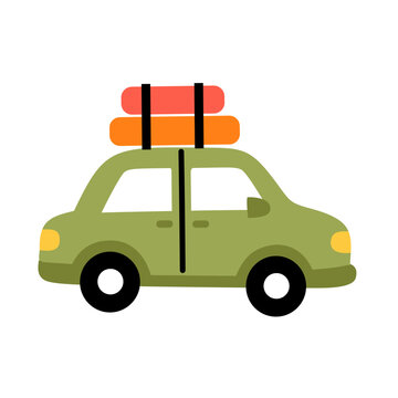 Cute Family Car with Roof Luggage Flat Illustration Isolated on Transparent Background for Road Trip Travel Design