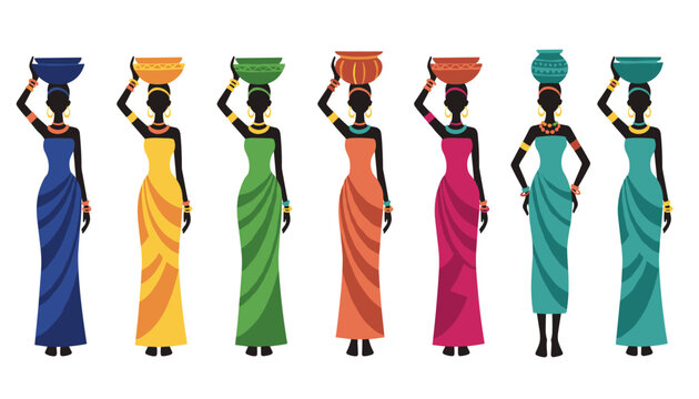 Beautiful african women silhouettes in colorful dresses carrying decorative pots on heads over white background.