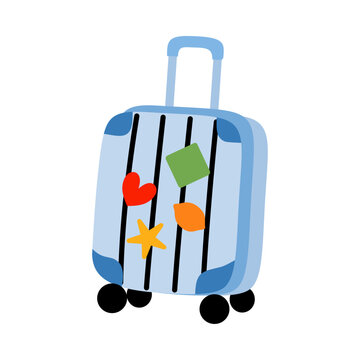 Cute Rolling Travel Suitcase Flat Illustration with Travel Stickers Isolated on Transparent Background for Vacation Design