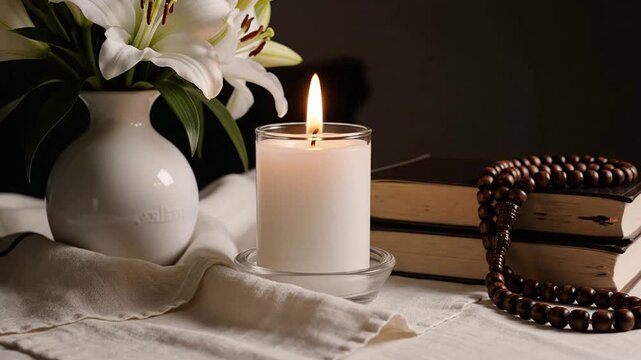 Close-Up Of Yom Kippur Reflection Table With A Lit Candle, White Lilies, Prayer Beads, And Stacked Books For Spiritual Meditation