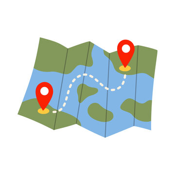 Cute Folded Treasure Map with Route and Location Pins Flat Illustration Isolated on Transparent Background for Travel Navigation and Adventure Design
