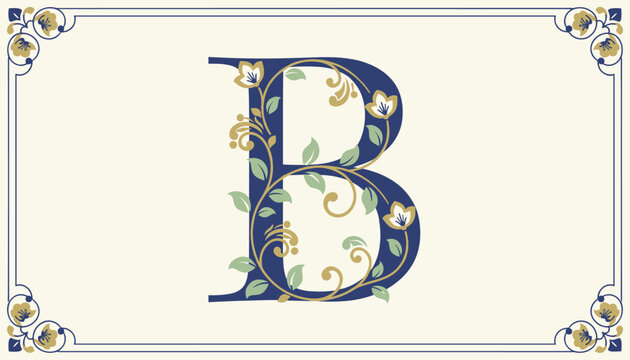 Elegant monogram letter B decorated with golden floral vines and green leaves inside a classic blue ornamental frame.