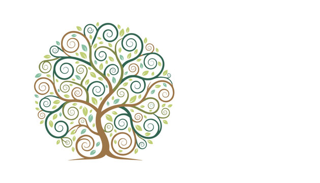 Abstract circular tree of life with elegant swirling branches and green leaves on a minimalist white backdrop.