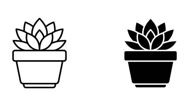 Succulent plant icon: Two simple icons representing a potted succulent plant, one outlined and one filled in black, suitable for graphic design and nature-themed projects.