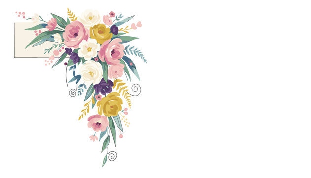 Gorgeous corner floral arrangement of colorful roses, wildflowers, and elegant green leaves on a white background.