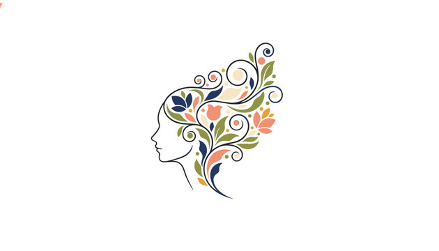 Profile silhouette of a beautiful woman with hair composed of elegant colorful swirls, flowers and green leaves.