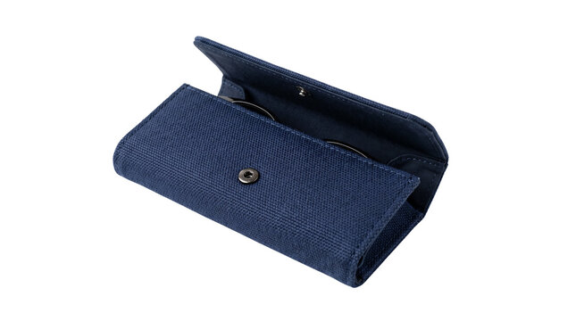 Navy blue felt glasses case with snap button, soft fabric eyewear pouch for protection, minimalist textile spectacle holder for travel and storage isolated PNG with Transparent Background