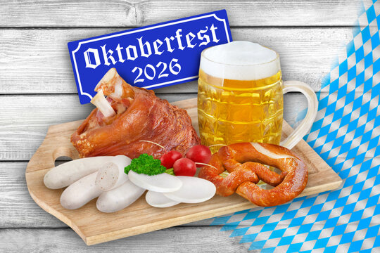 M&uuml;nchner Oktoberfest in Bayern 2026 mit Bier, Wei&szlig;wurst, Haxn und Bretzel