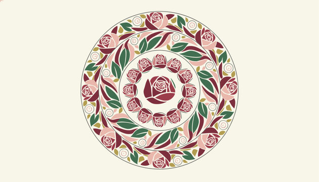 Vintage circular rose mandala design featuring concentric circles of pink and red roses with green leaves on cream.