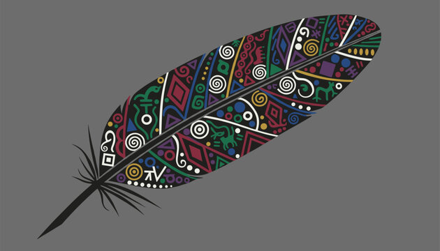 Detailed tribal pattern feather illustration featuring colorful ethnic symbols and geometric designs on grey background.