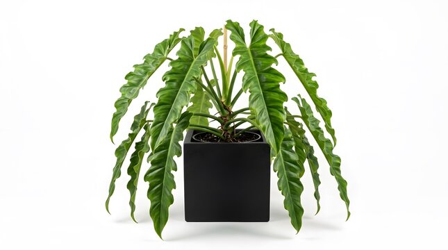Large philodendron jungle boogie plant with long serrated green leaves in black square pot