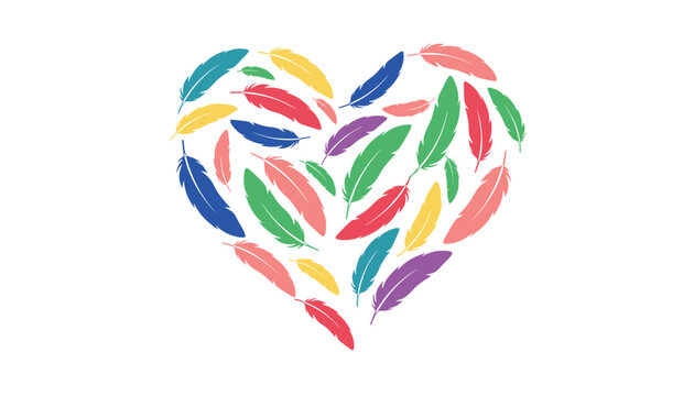 Large heart shape composed of many colorful feathers in pink, green, blue and yellow on a clean white background.