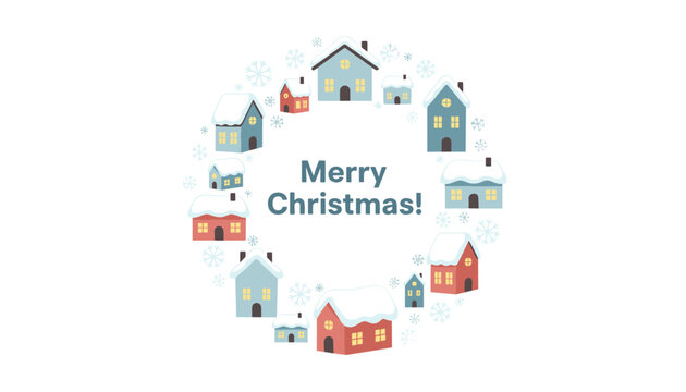 Circular christmas wreath of cute winter houses with snow on roofs, pine trees and snowflakes surrounding greeting text.