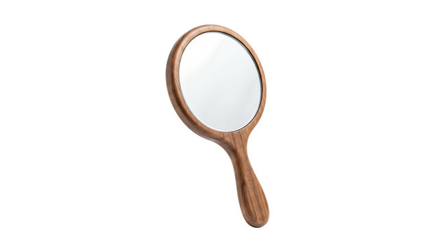 Vintage wooden hand mirror with elegant grain, classic round vanity mirror for beauty and grooming, handcrafted timber handheld mirror isolated PNG with Transparent Background
