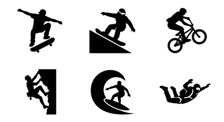 Fototapeta premium Extreme Sports Icons Set: Skateboarder, Snowboarder, BMX Rider, Climbers, Surfer, Skydivers, Action Silhouette Collection