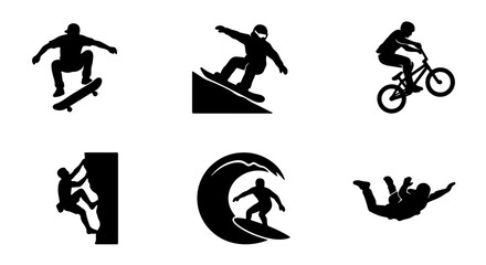Fototapeta premium Extreme Sports Icons Set: Skateboarder, Snowboarder, BMX Rider, Climber, Surfer, Skydiver Silhouettes, Action Vector Graphics for Active Lifestyle and Adventure Themes