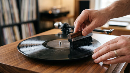 Cleaning Dust off Vinyl Record Surface with Anti Static Carbon Brush