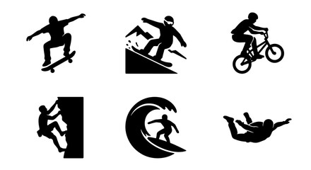 Fototapeta premium Extreme Sports Icons Set: Skateboarder, Snowboarder, BMX Rider, Climbers, Surfer, Skydiver Silhouettes for Action and Adventure Graphics