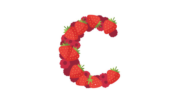 Festive letter c creatively constructed from fresh red strawberries and juicy raspberries on a white background.