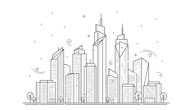 Modern urban city skyline in a clean minimalist thin line art style with tall skyscrapers and small green trees.