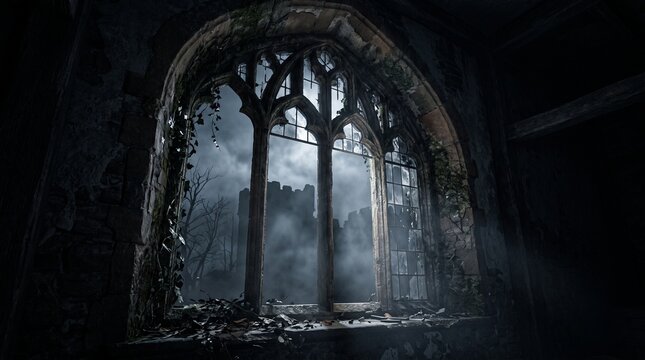 Ancient gothic window in an abandoned castle interior overlooking a mysterious stone tower in the mist