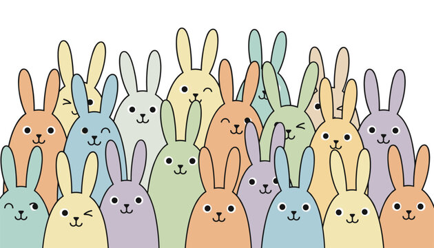 Adorable crowd of colorful cartoon rabbits in soft pastel shades looking forward happily on a white background.