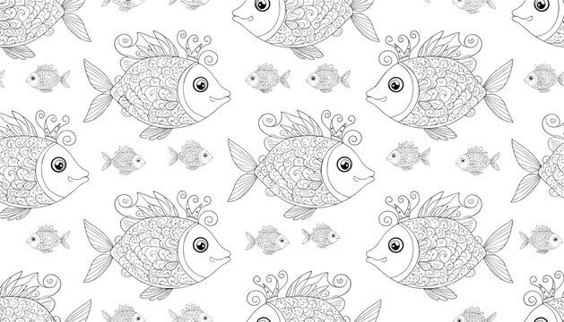 Lovely seamless black and white pattern of highly detailed cartoon fish with beautiful crown dorsal fins on white.
