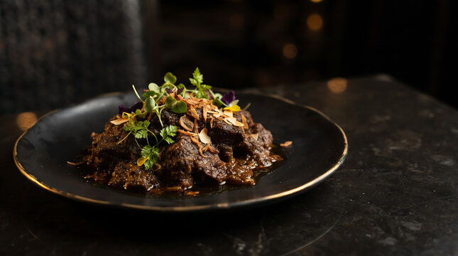Beef Rendang Gold Rim Plate Luxury Food Presentation