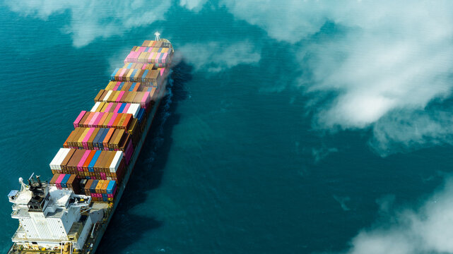 Aerial view of the freight shipping transport system cargo ship container. international transportation Export-import business, logistics, transportation industry concepts	
