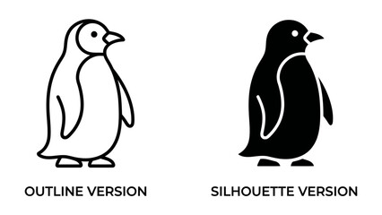 Obraz premium Penguin Icons: A minimalist graphic representation featuring a penguin in both outline and silhouette styles, perfect for digital or print use.