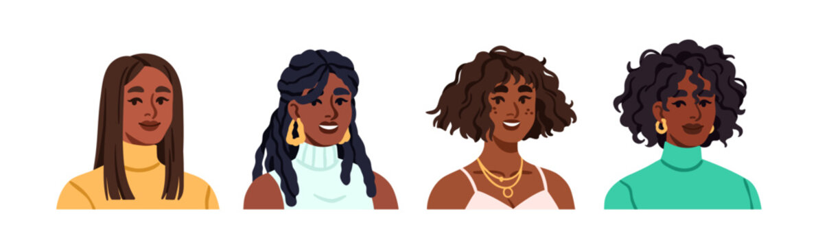 Black women with modern hairstyles, head portraits set. Females with fashion hair styles, dreadlocks, curly hairdo. Girls with stylish haircuts. Flat vector illustrations isolated on white background
