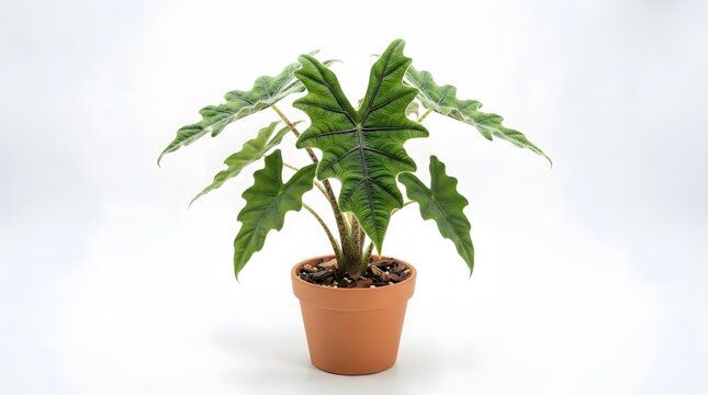 Potted alocasia polly houseplant with dark green veined arrowhead leaves in terracotta pot