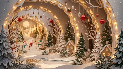 Obraz premium Christmas village diorama with fairy lights. Winter holiday paper craft scene with snow.